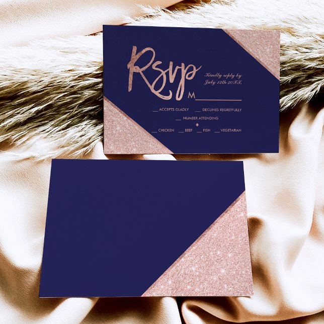 Cartons Réponse Rose or parties scintillant script marine bleu rsv (Créateur téléchargé)