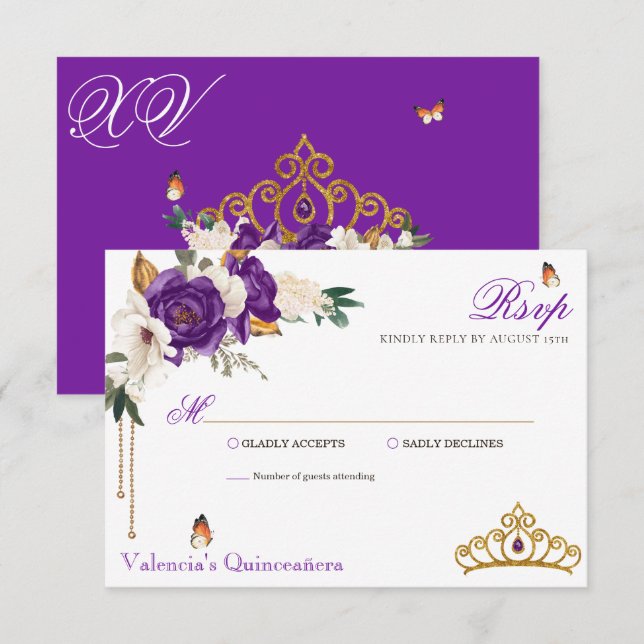 Cartons Réponse Rose papillon Royal Purple Gold Tiara Quinceanera (Devant / Derrière)