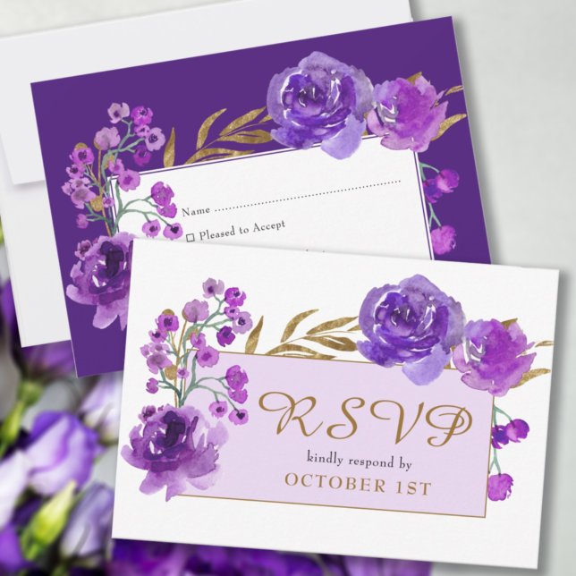 Cartons Réponse Rose pourpre et feuille d'or Quinceanera (Créateur téléchargé)