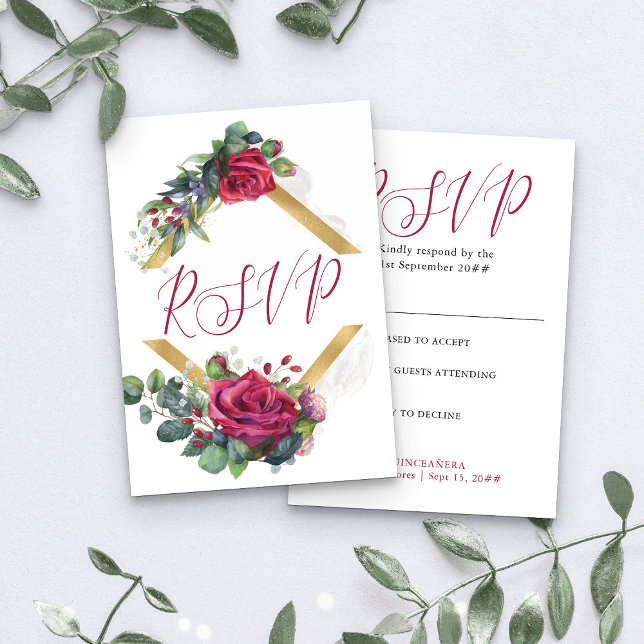 Cartons Réponse Rose rouge et Eucalyptus Elegant Quinceanera (RSVP Card from my Rose and Eucalyptus Quinceanera collection)