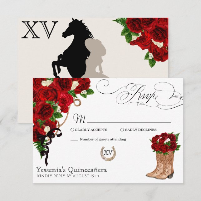 Cartons Réponse Rose rouge Floral Mariachi Quinceanera (Devant / Derrière)
