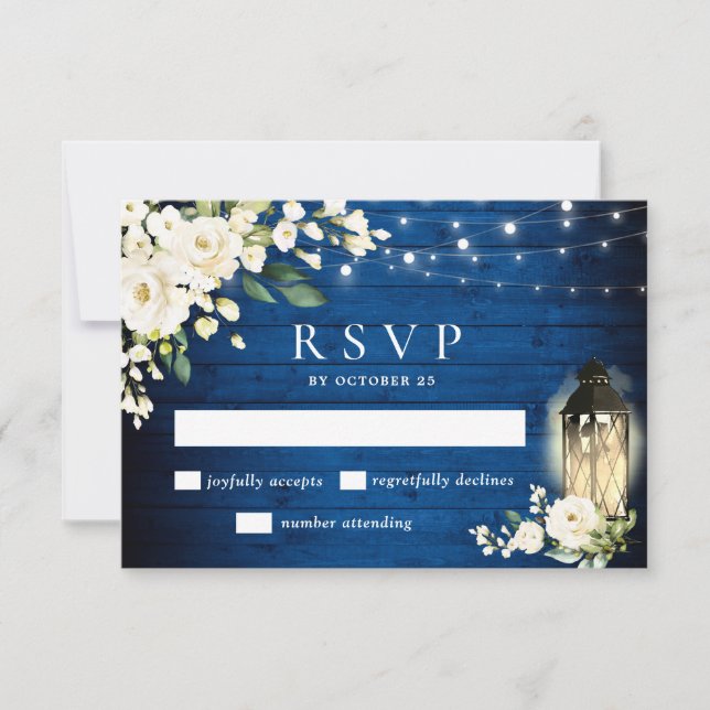 Cartons Réponse Roses blanches Mariage Royal Blue Wood (Devant)