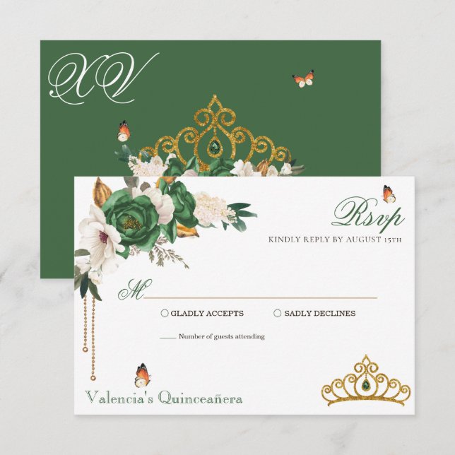 Cartons Réponse Roses d'or vert Elégant or Tiara Quinceanera (Devant / Derrière)