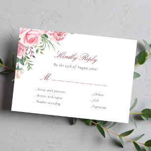 Cartons Réponse Roses roses élégantes choix de repas mariage