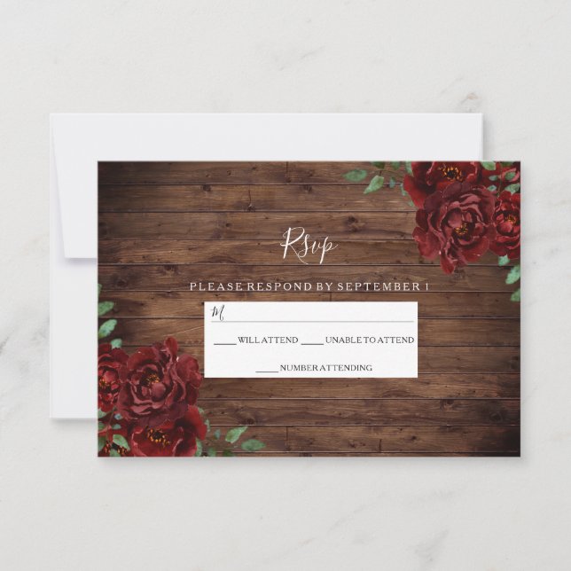Cartons Réponse Roses Rouges Bourgogne Rustique Mariage en Bois RS (Devant)