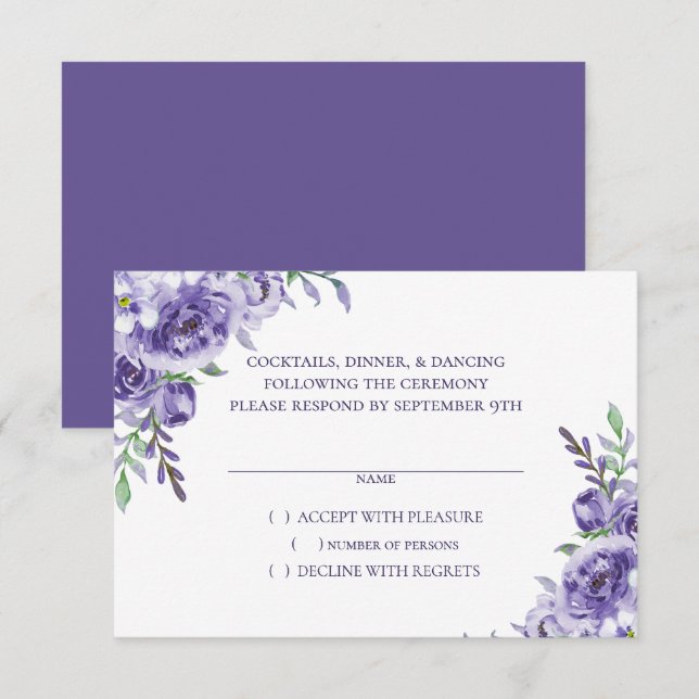 Cartons Réponse Roses violets | Elégante aquarelle florale Boho (Devant / Derrière)