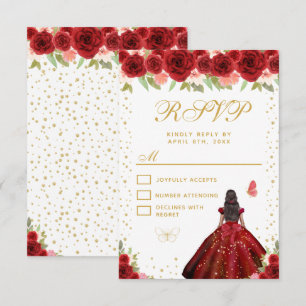 Cartons Réponse Rouge Floral Peau Sombre Princesse Sweet Seize
