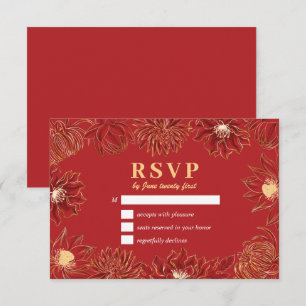 Cartons Réponse Rouge Lotus Nénuphar Fleur Oriental Floral Mariage