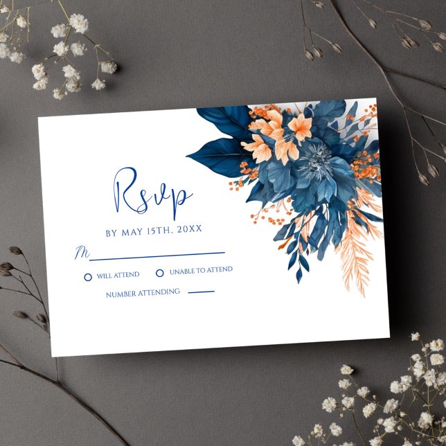 Cartons Réponse Rouille d'indigo Fleurs modernes de mariage (Indigo Rust Modern Floral Wedding RSVP Card)