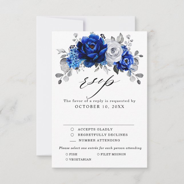 Cartons Réponse Royal Bleu Blanc Argent Métallo Mariage Floral (Devant)