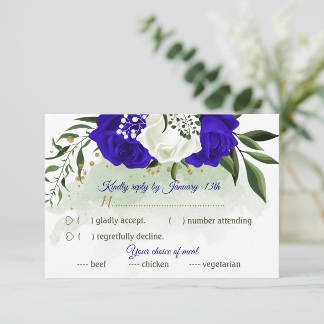 Cartons Réponse royal bleu & blanc fleurs verdure choix de repas (Debout devant)