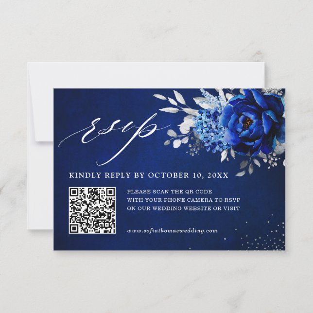 Cartons Réponse Royal Bleu Blanc Métallique Argent Mariage Floral  (Devant)