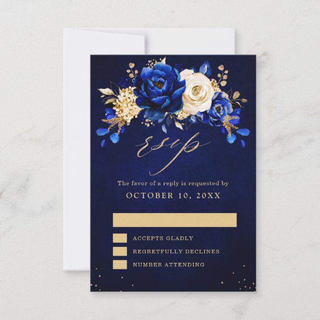 Cartons Réponse Royal Bleu Jaune Or Métallurique Mariage Floral RS (Devant)