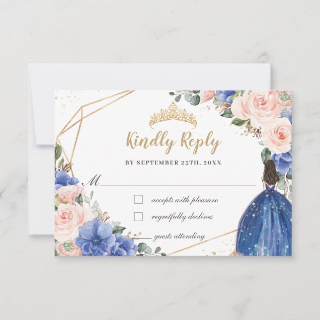 Cartons Réponse Royal Blue Blush Floral Quinceañera Princess Répon (Devant)