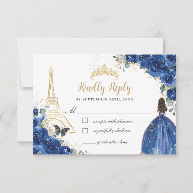Cartons Réponse Royal Blue Floral Gold Paris Princesse Quinceañera (Devant)
