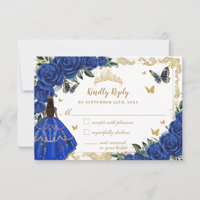 Cartons Réponse Royal Blue Floral or Quinceañera Brown Princesse (Devant)