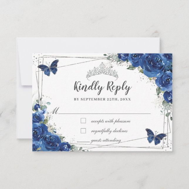 Cartons Réponse Royal Blue Floral Rose Quinceañera Papillons (Devant)