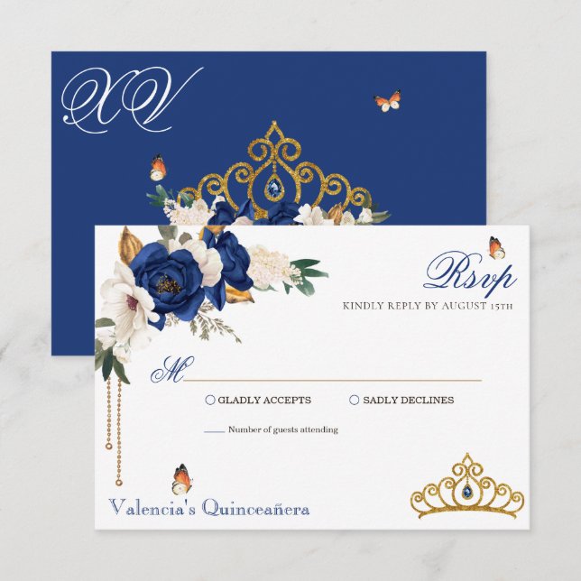 Cartons Réponse Royal Blue Roses Gold Tiara Quinceanera (Devant / Derrière)