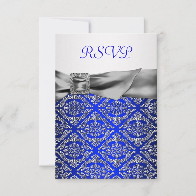Cartons Réponse Royal Blue Silver Damask Argent 25e anniversaire (Devant)
