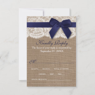 Cartons Réponse Ruban de la marine sur Burlap et Mariage de dentel