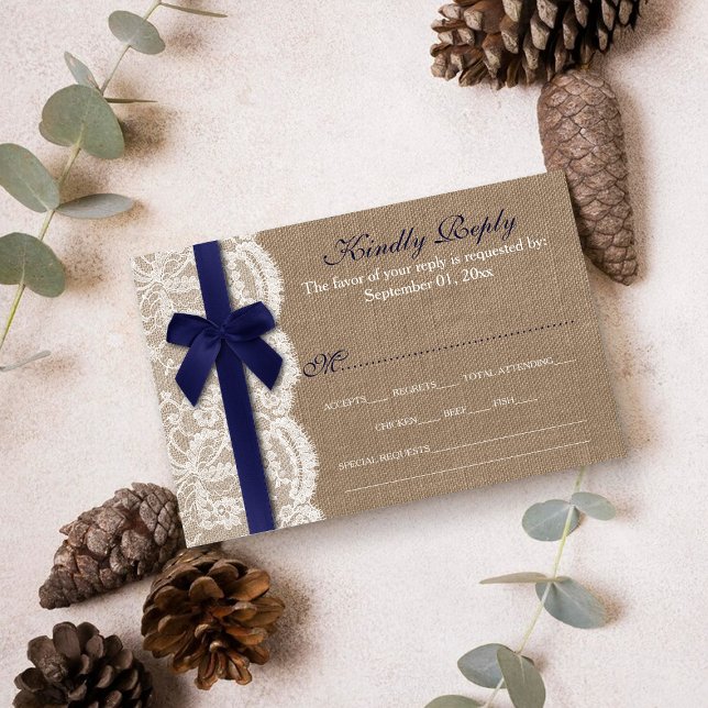 Cartons Réponse Ruban de la marine sur Burlap & mariage de dentell (Créateur téléchargé)