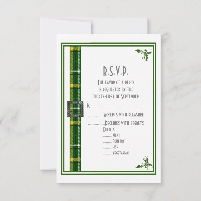 Cartons Réponse Ruban écotan vert plaid mariage R.S.V.P (Devant)