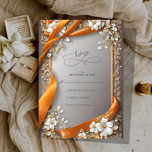 Cartons Réponse Rubans beige orange Mariage fleuri orange