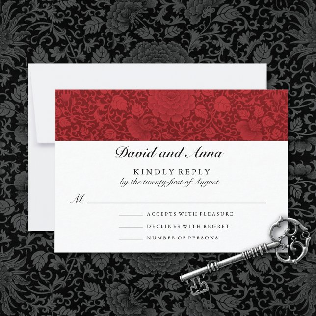 Cartons Réponse Ruby Red Floral Brocade Mariage (Créateur téléchargé)