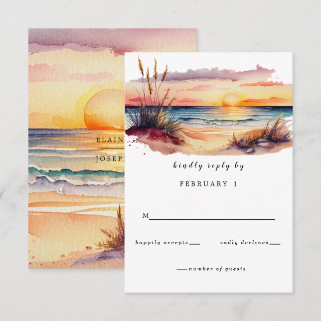 Cartons Réponse Russe aquarelle Sunset Beach Mariage (Devant / Derrière)