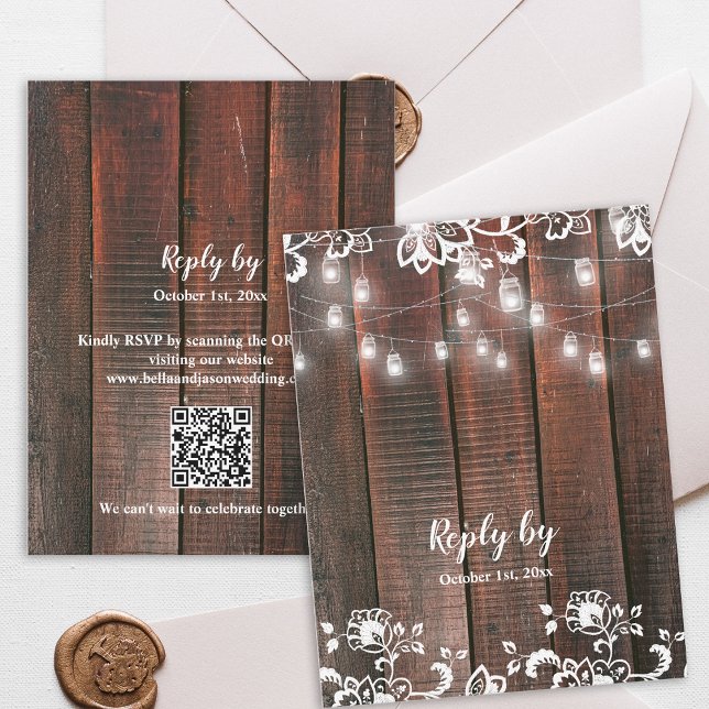 Cartons Réponse Rustic Barn Lace Wood QR Code String Light Wedding (Rustic Wood String Lights Wedding RSVP Card | Barn Lace Wood QR Code RSVP)