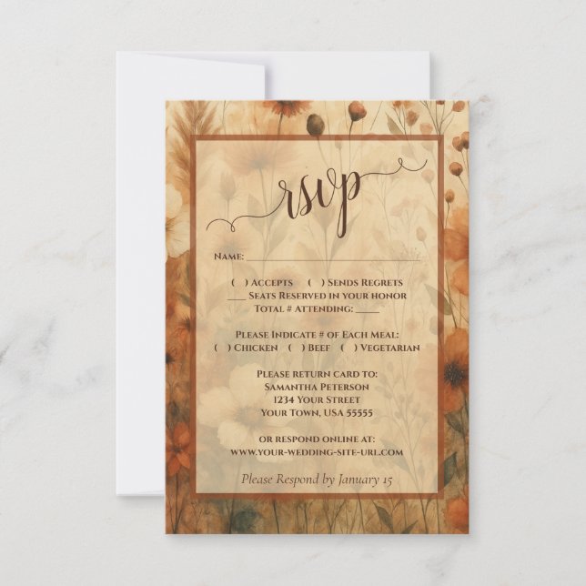 Cartons Réponse Rustic Burnt Sienna Boho Chic Wildflowers Wedding (Devant)