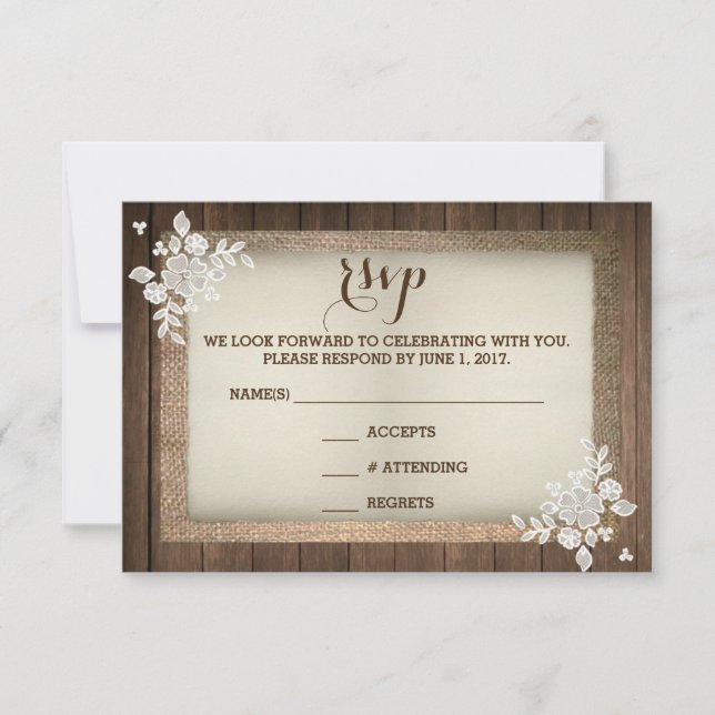 Cartons Réponse Rustic Country Bois Burlap Dentelle de mariage RSV (Devant)