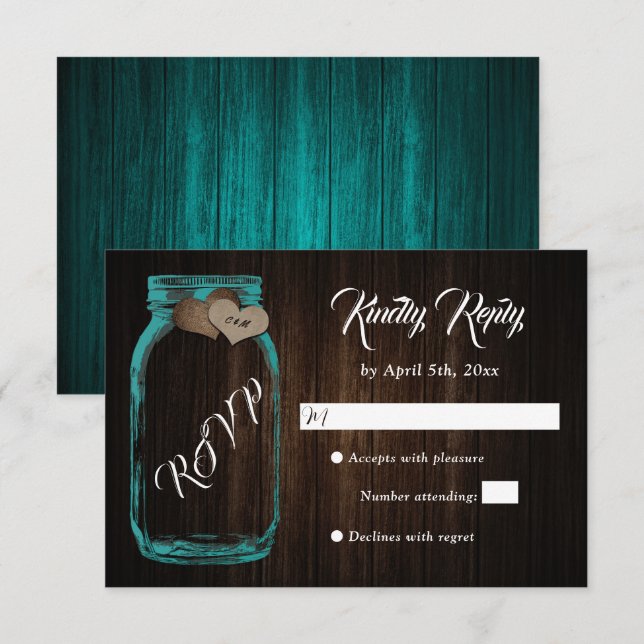 Cartons Réponse Rustic Country Wood Heart Mason Jar Wedding Weddin (Devant / Derrière)