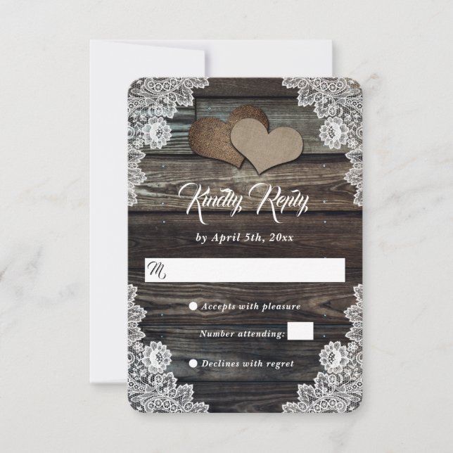 Cartons Réponse Rustic Grange Mariage de dentelle en bois Burlap C (Devant)