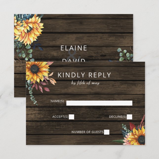 Cartons Réponse Rustic Grange Wood Country Sunflowers Mariage (Devant / Derrière)
