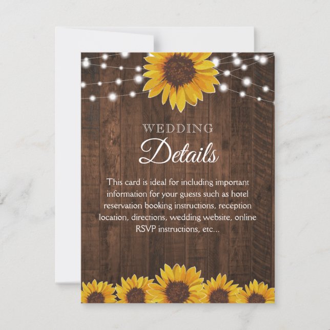 Cartons Réponse Rustic Sunflower Mariage Détails du client Info Ca (Devant)