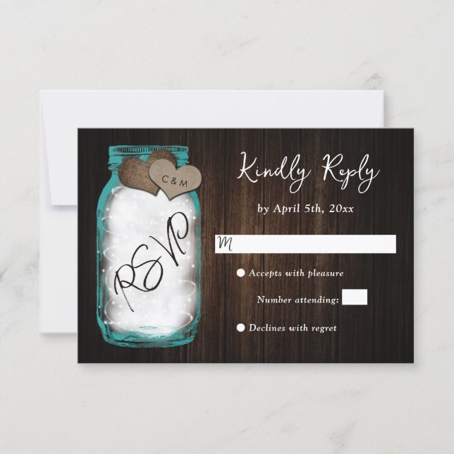 Cartons Réponse Rustic Teal Mason Jar Wood Wedding (Devant)