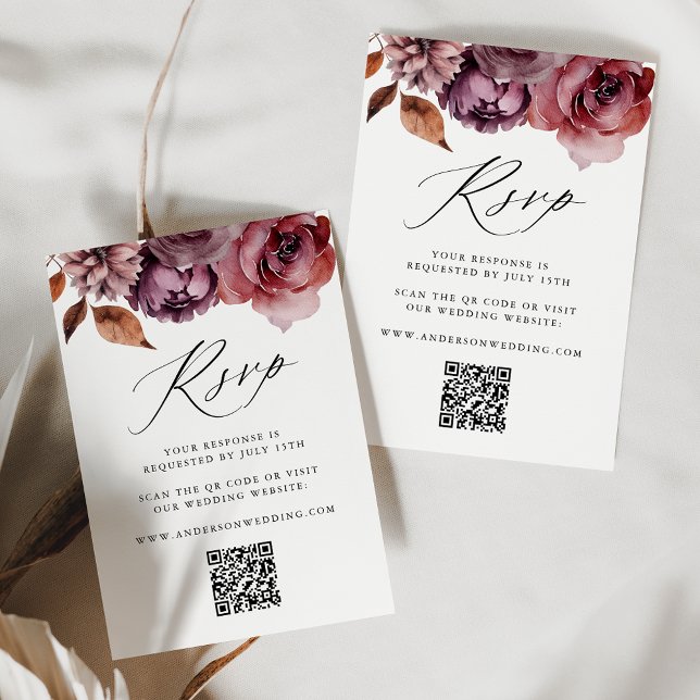 Cartons Réponse Rustique Automne Marsala Floral QR Code Mariage (Créateur téléchargé)