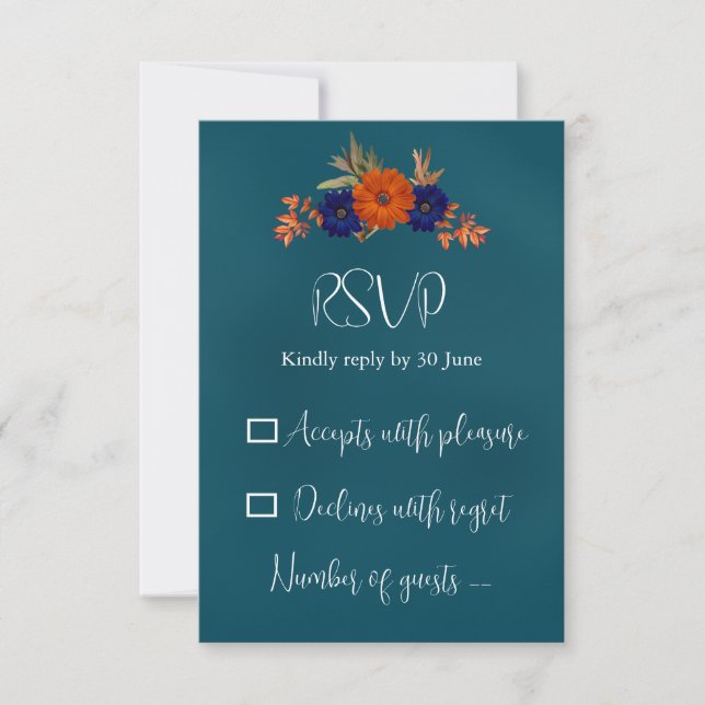Cartons Réponse Rustique Automne Orange Navy Bleu Floral Mariage (Devant)