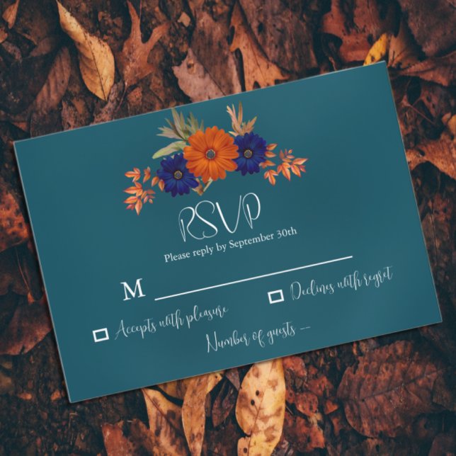 Cartons Réponse Rustique Automne Orange Navy Bleu Floral Mariage (Créateur téléchargé)