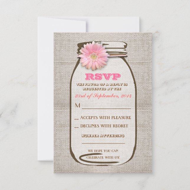 Cartons Réponse Rustique Burlap Mason Jar rose Gerbera Mariage RSV (Devant)