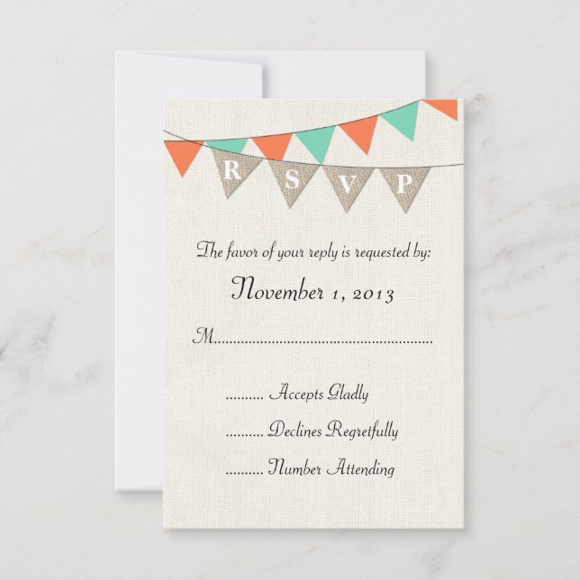 Cartons Réponse Rustique Burlap Turquoise Orange Pennant mariage R (Devant)