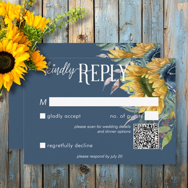 Cartons Réponse Rustique Dusty Blue Sunflower Mariage QR Code (Rustic Dusty Blue Sunflowers Wedding QR Code RSVP Card)