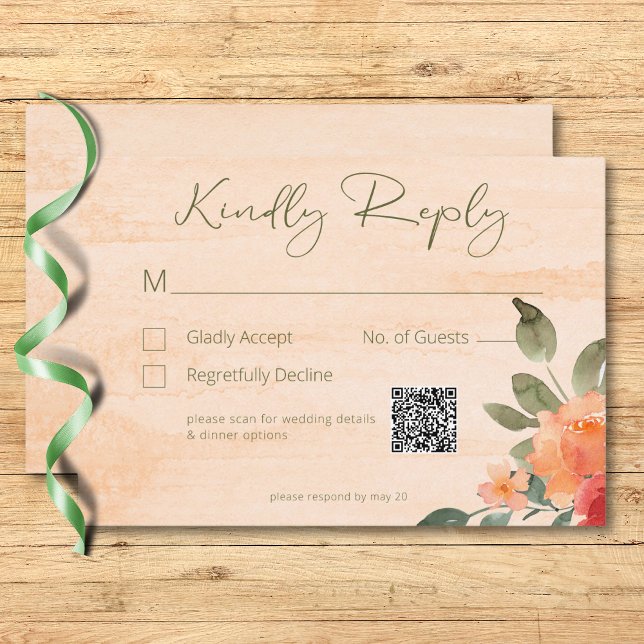 Cartons Réponse Rustique Jaune Orange & Pêche Rose Mariage QR Code (Rustic Yellow Orange & Peach Roses Wedding QR Code RSVP Card)
