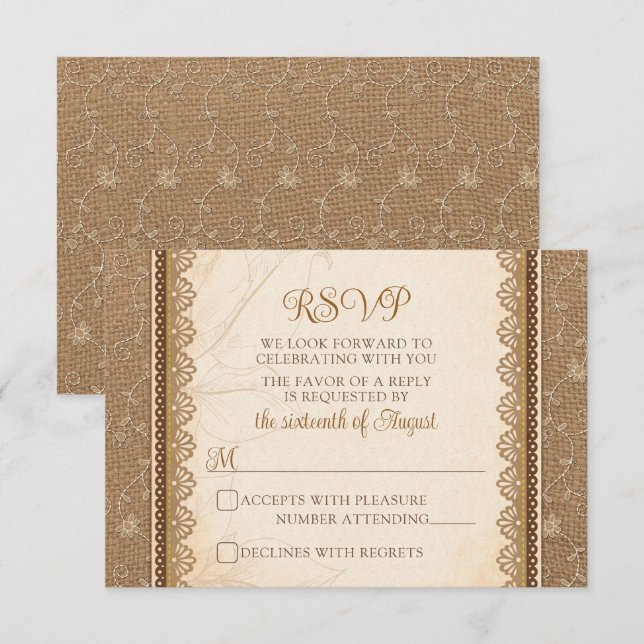 Cartons Réponse Rustique Mariage de dentelle Burlap (Devant / Derrière)