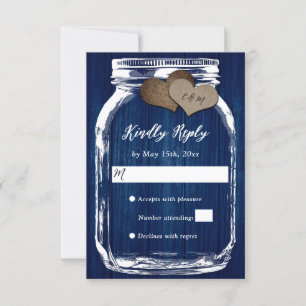 Cartons Réponse Rustique Marine Bleu Bois Mason Coeurs Jar Mariage