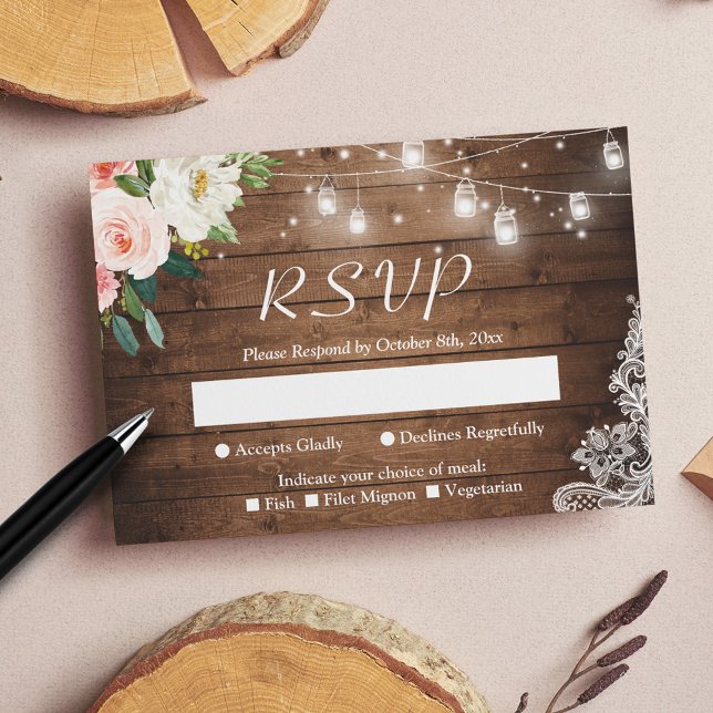 Cartons Réponse Rustique Mason Jar Lights Blush Floral Lace Mariag (Créateur téléchargé)