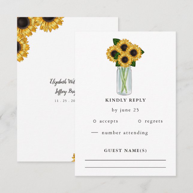 Cartons Réponse Rustique Mason Jar Mariage de tournesols (Devant / Derrière)