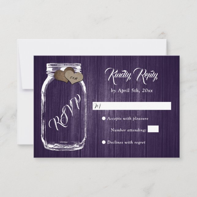 Cartons Réponse Rustique Purple Pays Bois Coeur Mason Jar Mariage (Devant)