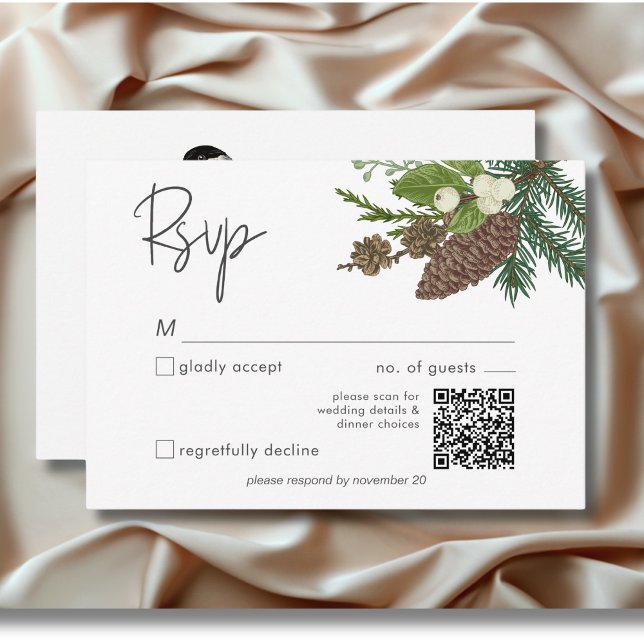 Cartons Réponse Rustique Winter Nature & Pine QR Code (Rustic Winter Bird & Pine Bouquet Wedding Invitation)